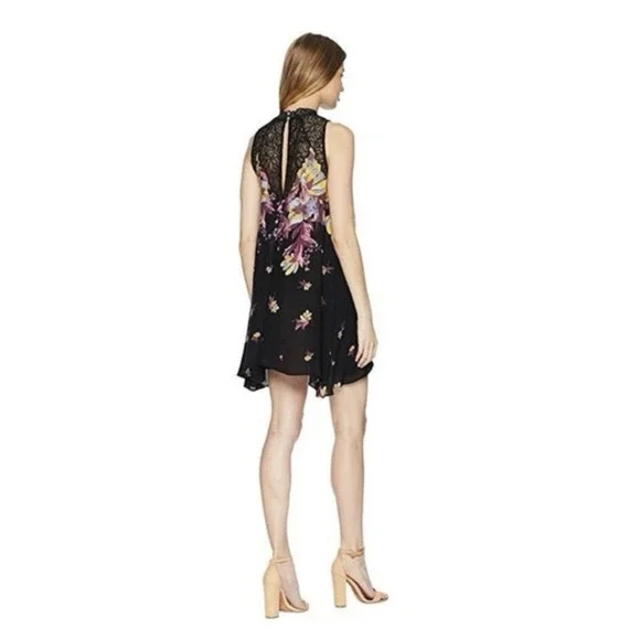 Free People Marsha Print Slip Dress Black High Neck Mini Lace And Keyhole Back L - Picture 14 of 16